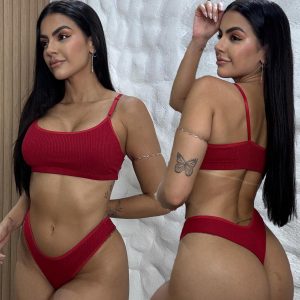 Conjunto Top e Calcinha Fio Duplo Canelado - P, Vermelho