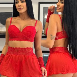 Conjunto Lingerie C/ Saia e Luvas Milla - GG, Vermelho