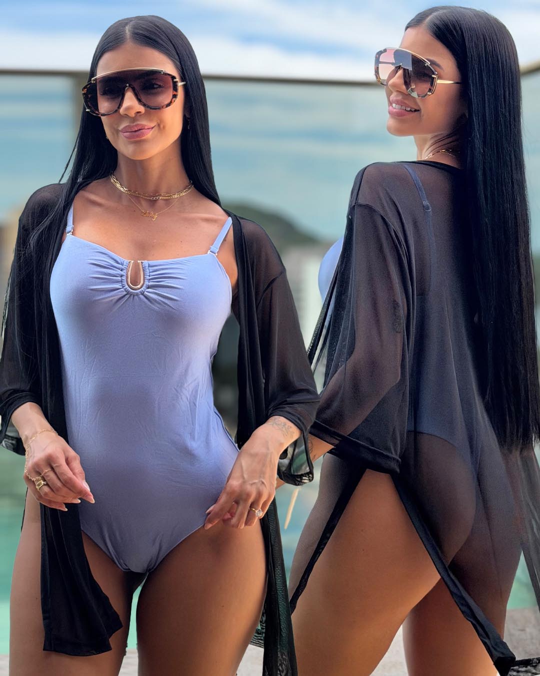 Kimono Manga 3/4 Saida de Praia Tule - Imagem 4