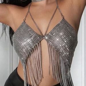 Cropped Chain de Strass com Franjas Prateadas